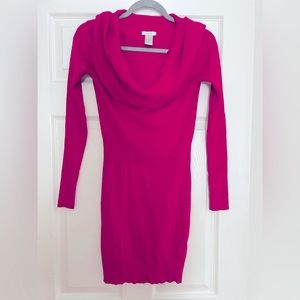 Cache sweater dress with cowl neck. Fuchsia colored and extra small size.